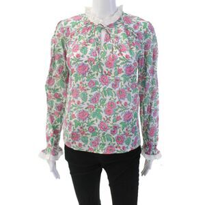 Aspiga Women's Round Neck Long Sleeves Ruffle Eyelet Trim Floral Blouse Sizes XS